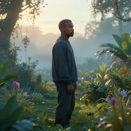 a photo of kanye west in the middle of a garden, golden hour, dreamy, misty, cool, afrofuturistic, side shot, detailed, rendered in unreal engine