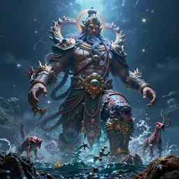 colossal shaman god destroying very living thing in the ocean, cast across the night sky, 8 k, ultra realistic, lens flare, atmosphere, glow, detailed, intricate, full of colour, cinematic lighting, trending on artstation, 4 k, hyperrealistic, focused, extreme details, unreal engine 5, cinematic, masterpiece