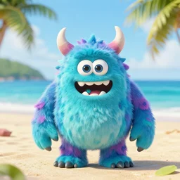 and adorable crazy craving monster at a tropical beach
