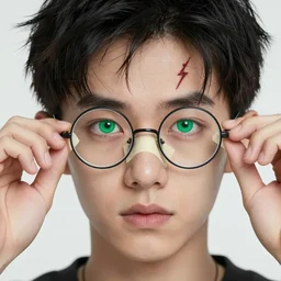 boy thin face, black hair, and bright green eyes. wearing round glasses held together with a lot of scotch tape. a very thin scar on his forehead that is shaped like a bolt of lightning, hyper realistic face, beautiful eyes, fantasy art, in the style of greg rutkowski, intricate, hyper detailed, smooth