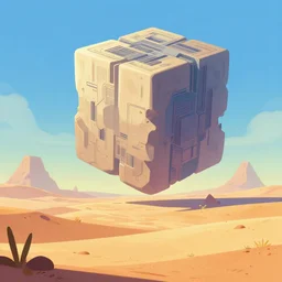 cartoon of a desert landscape with a huge monolith in the shape of a tesseract in the background, digital art by kilian eng, cgsociety, afrofuturism, tesseract, sci - fi, future tech