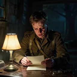 real life full portrait art by beksinski, artgerm, rutkowski ; matt damon as an american world war 2 sergeant delirious while writing letter creepy table lamp, all alone at night, haunted cabin, year 1 9 4 2, scary, horror comics style octane render, 8 k resolution, cinematic dramatic lighting, extremely detailed, sharp focus