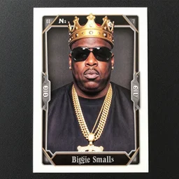 trading card featuring notorious big wearing crown and sunglasses, with symmetrical attributes, biggie smalls rap music trading card - h 7 0 4