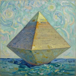 Giant levitating pyramid above the sea, oil painting by Vincent Van Gogh,