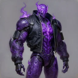 Character design body made of purple fire, body with black and purple lava, mecha humanoid with cyberpunk bomber jacket,  concept art character, royalty, smooth, sharp focus, organic, deep shadows by Jerad Marantz, hyperrealistic oil painting, 4k, studio lightning
