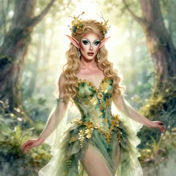 gorgeous nature fae themed drag queen. studio photography, backlighting, depth of field, 4 k, watercolors and gold leaf