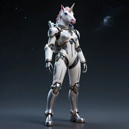 beautiful feminine cyborg in full body space suit, unicorn helmet, steel boots, concept art by artgerm, photoshoot, intricate, highlydetailed, space background, artstation 4 k, shadows, raytracing - n 4