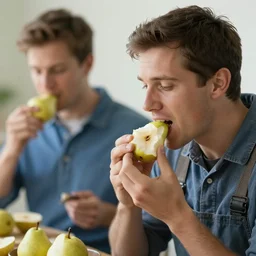 Jobs is eating a bitten pear, realistic, 8k, photography