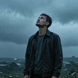 a man standing in the rain looking up toward the sky pondering life horror