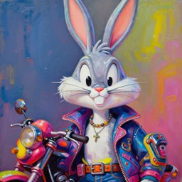 bugs bunny as an apocalyptic scifi goblinish iridescent biker character, psychedelic vibrant colors, futuristic punk rock fashion, oil painting by michael whelan art, richard corben, perfect face, sharp focus, detailed eyes, realistic, 8 k
