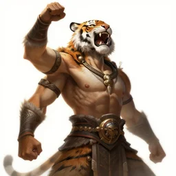 a highly detailed illustration of a fierce tribal warrior wearing a tiger mane hat, heroically screaming into the sky pose, muscular, intricate, elegant, highly detailed, centered, digital painting, artstation, concept art, smooth, sharp focus, league of legends concept art, WLOP