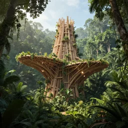 timber megastructure in the middle of the jungle, architecture, concept art, behance, unreal engine, ray tracing, octane render