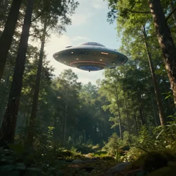 an ufo flying in the forrest, beautiful dynamic lighting, cinematic, wide angle establishing shot, extremely high detail, photo realistic, cinematic lighting, post processed, concept art, artstation, matte painting, style by frederic church, raphael lacoste, unreal engine 8 k