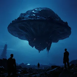 Exploration of mysterious, dark alien world, cinematic angle, cinematic lighting, blue sky, by Syd Mead, John Harris, Federico Pelat, Star Citizen, Battlestar Galactica