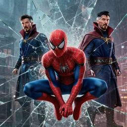 digital art of spider - man, doctor strange, octane render, nvidia, highly detailed, concept art, illustration, cinematic, multiple dimensions, shattered glass, refractions, highly detailed, web, shining web, by greg rutkowski, environmental light, cinematic by francis tnehunreal, octane render, nvidia, concept art,