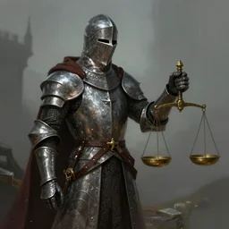 a forlorn knight in fantasy platemail holding a set of scale balances, trending on artstation, digital art ( by joseph meehan ) ( by victor adame ) ( by anna steinbauer )
