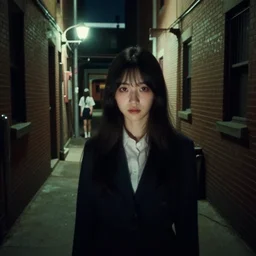 a creepy cell phone camera picture of an alleyway in west philadelphia at night, with a college - aged woman in the distance.