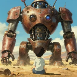 backview still of a kid looking to a steampunk monumental!!!!! giant rusty robot sit the ground, sun light, finely detailed features, extreme closeup at the face, cinematic shot, desert, gapmoe yandere grimdark, trending on pixiv fanbox, painted by greg rutkowski makoto shinkai takashi takeuchi studio ghibli, akihiko yoshida, artstation