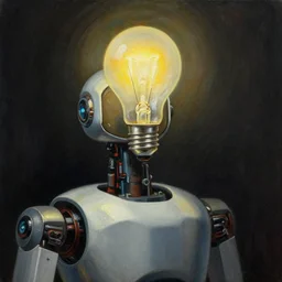 a robot with a lightbulb for a head, detailed painting, dark lighting, by ilya repin, phil hale and kent williams