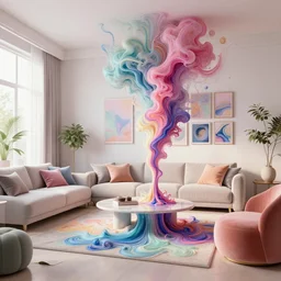 an insanely intricate photo of a modern living room full of insane detailed colorfull smoke fluid, clean architecture, pictures in the wall, pastel colored, intricate detailed 3 d render, hyper realistic intricate acrilic fluid art, intense colors, wide shot, octane render, concept art, daylight, peaceful, 8 k