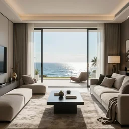 modern interior home design, living room with window facing the sea and sun, photorealistic, ultra-detailed, HDR, high resolution