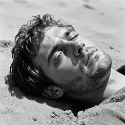 1 9 6 0 s movie still close up of marcus atilius regulus eyelids riped off looking directly at the sun his body buried in the sand, cinestill 8 0 0 t 3 5 mm b & w, high quality, heavy grain, high detail, texture, dramatic light, anamorphic, hyperrealistic, detailed hair