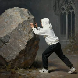 a painting in gothic style of a guy with white hoodie pushing a big rock. modern clothes