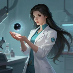 a league of legends concept art of a beautiful young female scientist in a laboratory holding at a small spinning black hole in her hand, style by jordan grimmer and greg rutkowski, elegant, sharp focus, morandi color scheme, illustration, high quality, highly detailed, long hair, digital art, 4 k wallpaper
