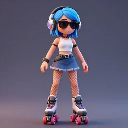 punk girl with blue hair, wearing headphones and sunglasses, short skirt and white tank top, fishnet stockings, rollerblades, 3D art, cel shading