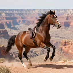 spirit untaimed, brown horse from the movie next to a canyon riding in the sunset, movie poster, 8 k, trending on artstation, octane render, volumetric shadows