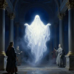 a glowing white ghost floats in massive misty mystical endless classical halls. night time. deep blue tones. renaissance masterpiece. highly detailed fantasy painting by norman rockwell, frank frazetta, johfra bosschart, and syd mead. rich colors, high contrast, dark background. artstation