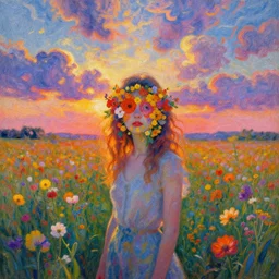 vast flower face, girl standing in a flower field, surreal photography, sunrise dramatic light, impressionist painting, colorful clouds, digital painting, pointillism, artstation, simon stalenhag