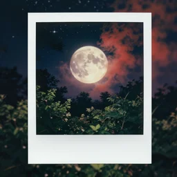 (psychedelic) polaroid of a mystical night sky with a perfect huge moon, A glimpse through a small gap in the dark green foliage and overgrowth and the trees of the huge gibbous moon in a dark sky, wreathed in red smoke!!, starlight, night-time, dark enclosed, cozy, quiet forest night scene, spangled