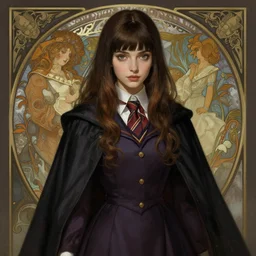 attractive adult female witch student, magic university school dress, bangs hairstyle, illustration, highly detailed, digital painting, concept art, matte, art by wlop and artgerm and greg rutkowski and alphonse mucha