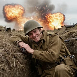 ww 1 soldier in a trench, shell shocked, smiling at the camera, explosions going off in the background