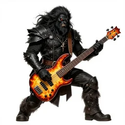 bugbear playing flaming ibanez bass guitar, black beard, dungeons and dragons, hunters gear, character design on white background, drawn by studio ghibli, craig mullins, j. c. leyendecker 8 k, proko, trending on artstation colours red and gold