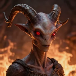 medium shot portrait, realistic alien with horns. volumetric lighting red eyes, human eyes, background flames, by ross tran