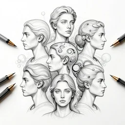 symmetry! portrait of multiple humans meeting, humans scientific intelligences, mooc, organic and intricate, elegant, highly detailed, concept art, smooth lines, sharp focus, lineart, illustration, shadows, penned with thin coloured pens on white, 8 k