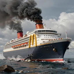 an immense McDonald's brand oceanliner cruise ship with giant golden arches logo crashed a broken on a deserted island, smoke stacks billowing thick black smoke, dystopian bad vibes, fast food restaurant color scheme, photorealistic, intense clouds, octane render, sharp focus