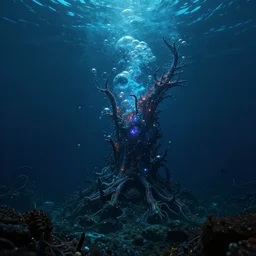 kathmandu, cyberpunk, deep ocean, bottom of the sea, dark, extreme depths, organic, mariana trench, midnight zone, bubbles, vibrant luminescence, hyper realistic, hyper detailed, digital art, trending in artstation, studio quality, photorealistic, photo, by jesper ejsing, wlop, paul lehr