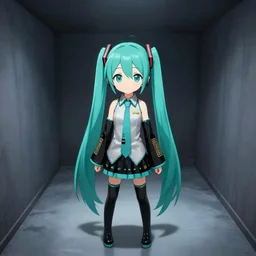 hatsune miku in the liminal space, backrooms, source, liminal spaces, high quality photo