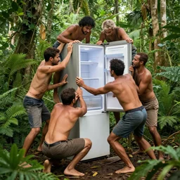 a group of men struggling to climb a refrigerator!! in the jungle, high quality photo, 8 k, extreme detail