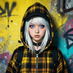 highly detailed portrait of a sewer punk lady student, blue eyes, tartan hoody, hat, white hair by atey ghailan, by greg rutkowski, by greg tocchini, by james gilleard, by kaethe butcher, gradient yellow, black, brown and cyan color scheme, grunge aesthetic!!! ( ( graffiti tag wall ) )