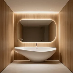 bathroom designed by zaha hadid with wood paneling, futuristic furniture, led lighting, minimalist interior design, modern architecture, photography