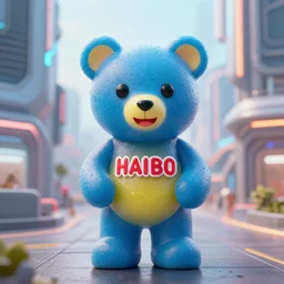 portrait of haribo bear in future city, color and shape focus, central composition, natural light, bloo