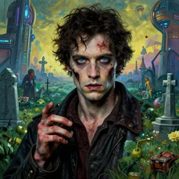 realistic detailed portrait movie shot of an beautiful male zombie hiding, futuristic graveyard landscape background by jean deville, amano, yves tanguy, denis villeneuve, alphonse mucha, max ernst, caravaggio, roger dean, masterpiece, rich moody colours, blue eyes