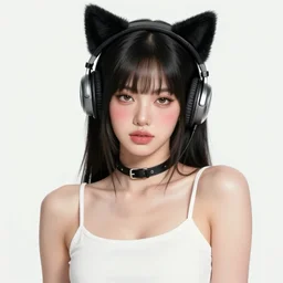 realistic beautiful gorgeous buxom natural cute blushed shy girl Blackpink Lalisa Manoban black hair cute fur black cat ears, wearing white camisole, headphones, black leather choker artwork drawn full HD 4K highest quality in artstyle by professional artists WLOP, Taejune Kim, Guweiz on Pixiv Instagram Artstation