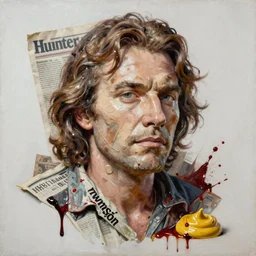 hyperrealistic, photorealistic, mixed media oil painting of hunter s thompson, magazine scraps, plaster, blood, oil, mustard, splatter, greg rutkowski, basquiat, ralph steadman, wesley kimler, terry gilliam, andy warhol, dali