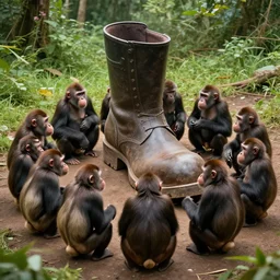 photo still of apes circling around a giant boot surrounding giant boot giant boot middle of circle of apes apes around a giant boot, 8 k 5 2 mm f 5. 6
