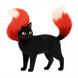 black cat with red fox tail, hybrid, illlustration